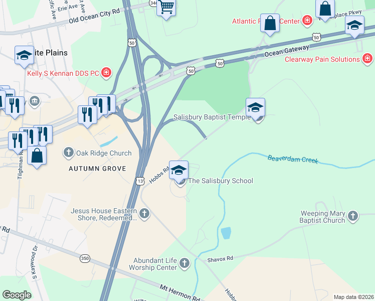 map of restaurants, bars, coffee shops, grocery stores, and more near 6280 Hobbs Road in Salisbury