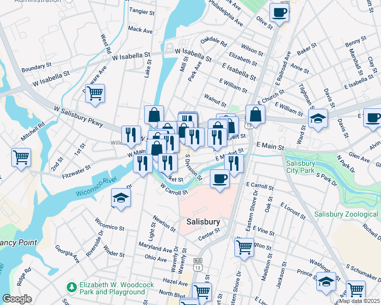 map of restaurants, bars, coffee shops, grocery stores, and more near 120 East Main Street in Salisbury