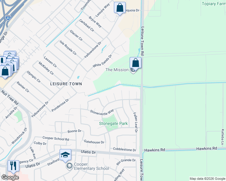 map of restaurants, bars, coffee shops, grocery stores, and more near 331 Fieldstone Court in Vacaville
