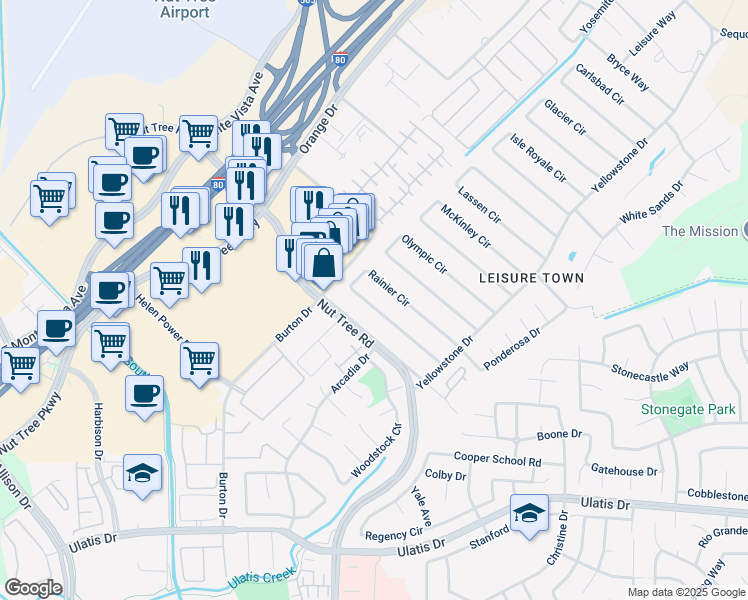 map of restaurants, bars, coffee shops, grocery stores, and more near 137 Rainier Circle in Vacaville