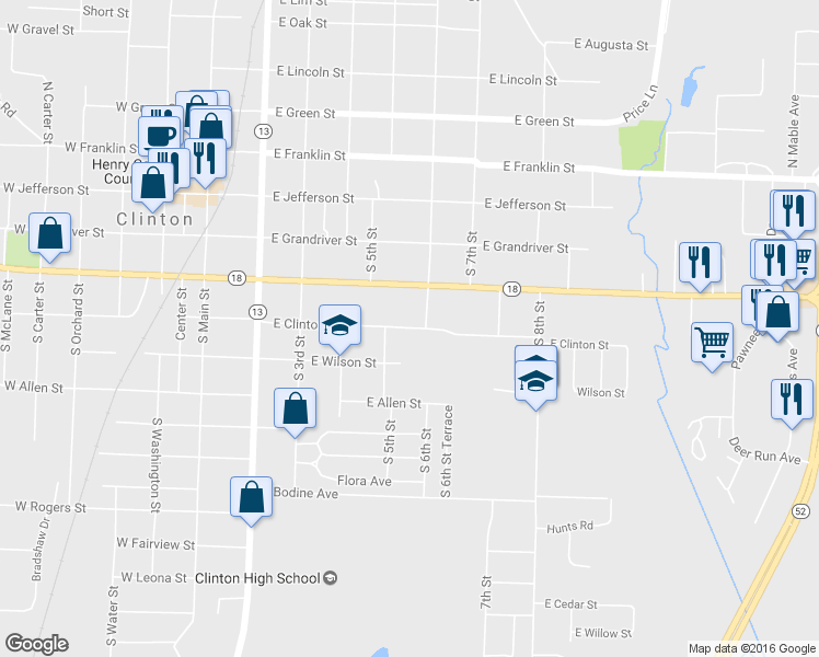map of restaurants, bars, coffee shops, grocery stores, and more near 501 East Clinton Street in Clinton