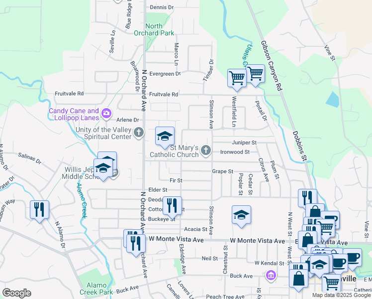 map of restaurants, bars, coffee shops, grocery stores, and more near 339 Eldridge Avenue in Vacaville