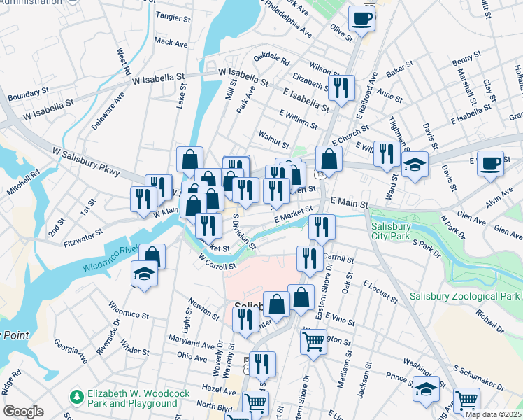 map of restaurants, bars, coffee shops, grocery stores, and more near 200 East Main Street in Salisbury