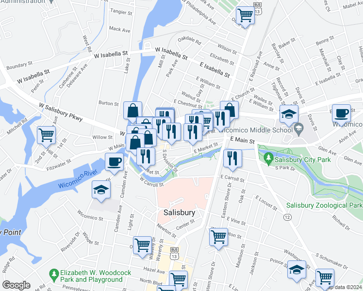 map of restaurants, bars, coffee shops, grocery stores, and more near 200 East Main Street in Salisbury