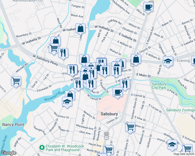 map of restaurants, bars, coffee shops, grocery stores, and more near 115 Saint Peters Street in Salisbury