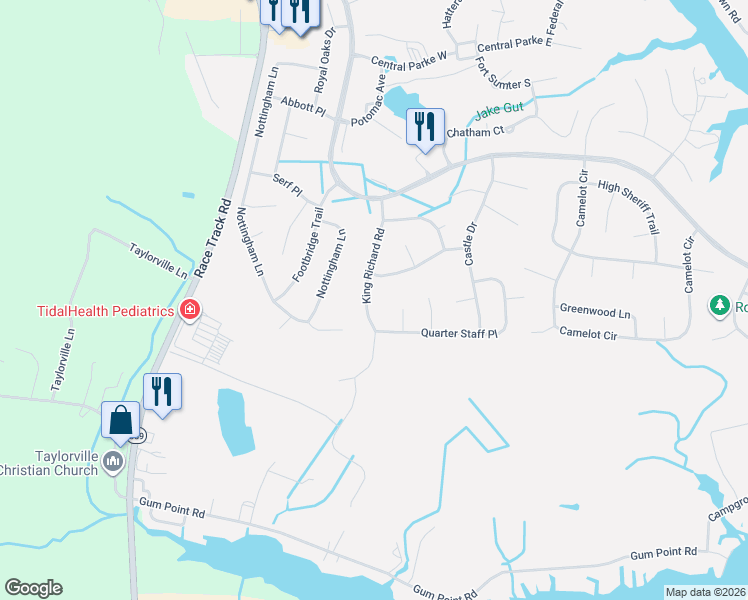 map of restaurants, bars, coffee shops, grocery stores, and more near 34 King Richard Road in Ocean Pines