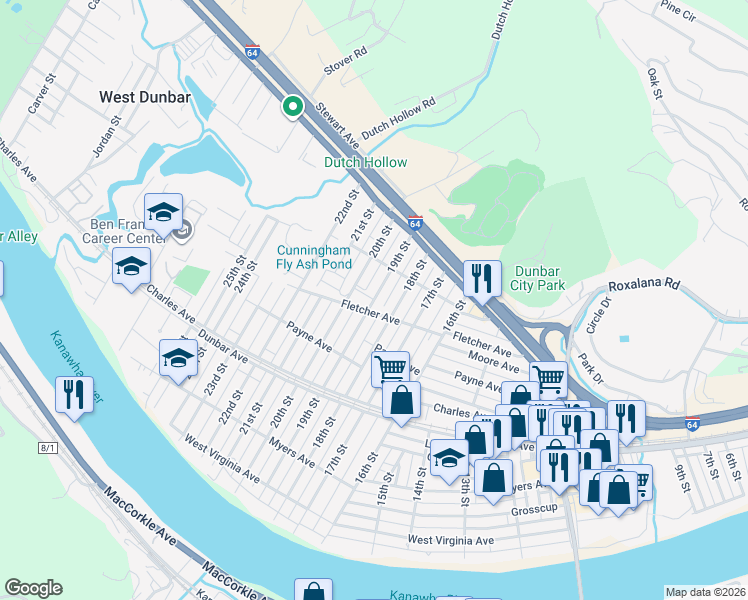 map of restaurants, bars, coffee shops, grocery stores, and more near 511 19th Street in Dunbar