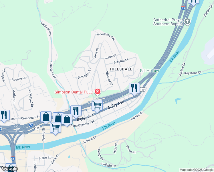 map of restaurants, bars, coffee shops, grocery stores, and more near 1831 1/2 Whitney Street in Charleston