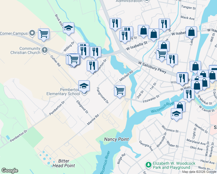 map of restaurants, bars, coffee shops, grocery stores, and more near 1108 Parsons Road in Salisbury