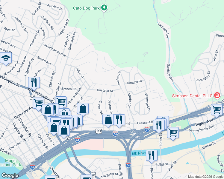 map of restaurants, bars, coffee shops, grocery stores, and more near 203 Costello Street in Charleston