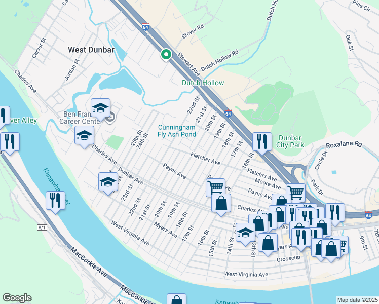 map of restaurants, bars, coffee shops, grocery stores, and more near 505 Walnut Court in Dunbar