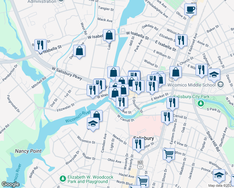 map of restaurants, bars, coffee shops, grocery stores, and more near 233 West Main Street in Salisbury
