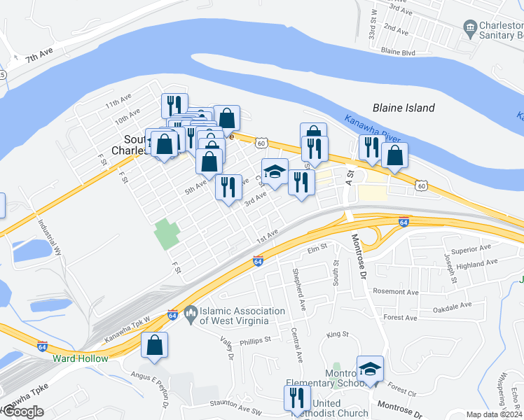 map of restaurants, bars, coffee shops, grocery stores, and more near 318 3rd Avenue in South Charleston