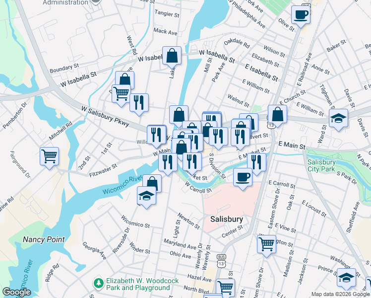 map of restaurants, bars, coffee shops, grocery stores, and more near 233 West Main Street in Salisbury