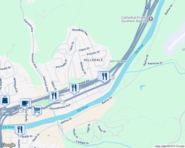map of restaurants, bars, coffee shops, grocery stores, and more near 401 Cora Street in Charleston