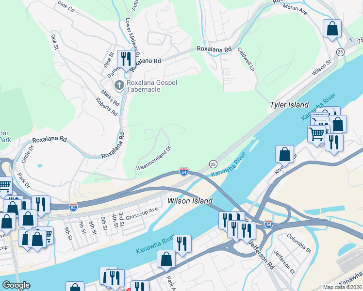 map of restaurants, bars, coffee shops, grocery stores, and more near 415 Westmoreland Dr in Dunbar
