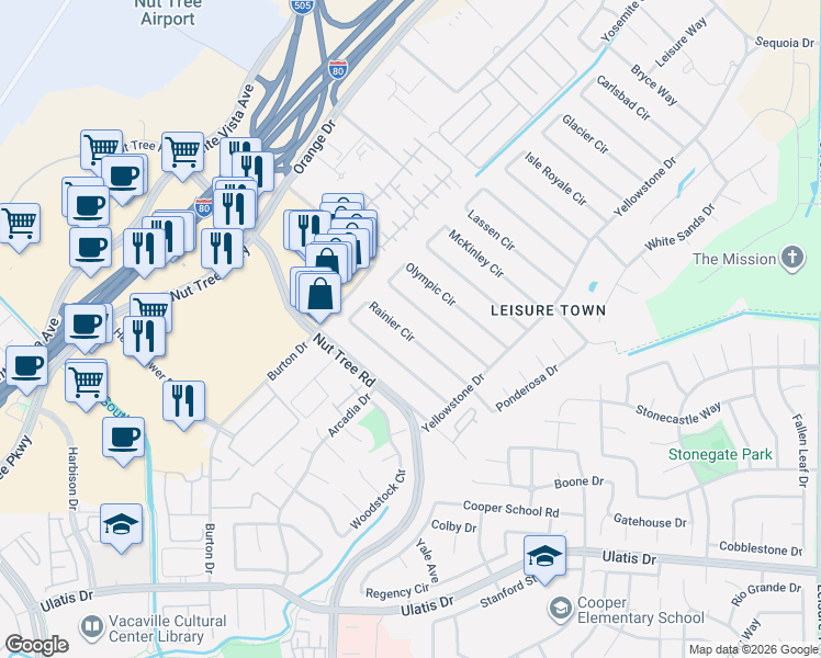 map of restaurants, bars, coffee shops, grocery stores, and more near 182 Rainier Circle in Vacaville