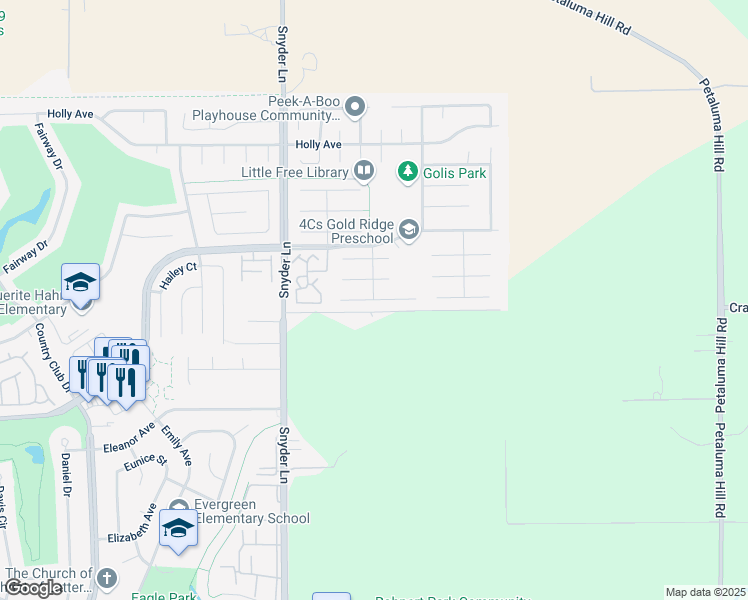 map of restaurants, bars, coffee shops, grocery stores, and more near Georgia Court in Rohnert Park