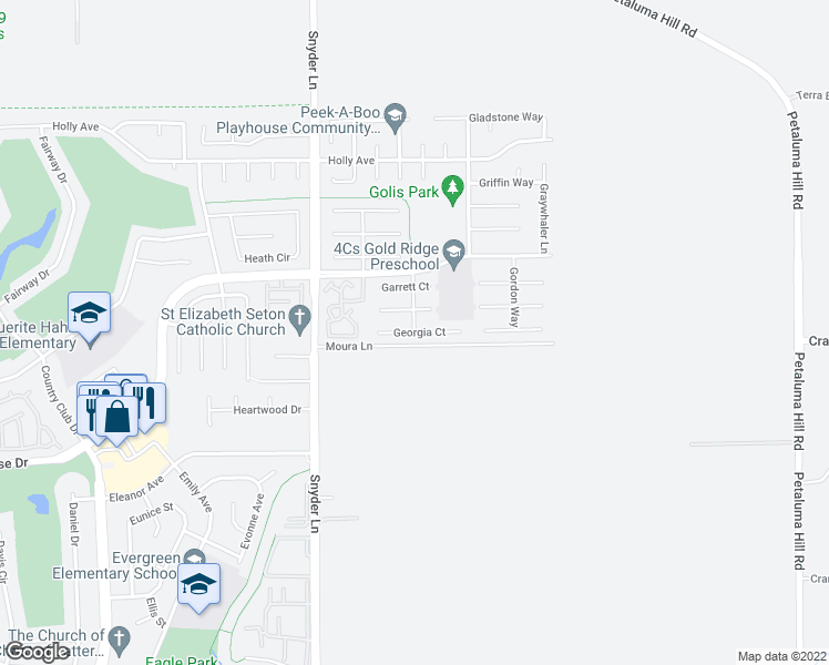 map of restaurants, bars, coffee shops, grocery stores, and more near 1442 Georgia Court in Rohnert Park