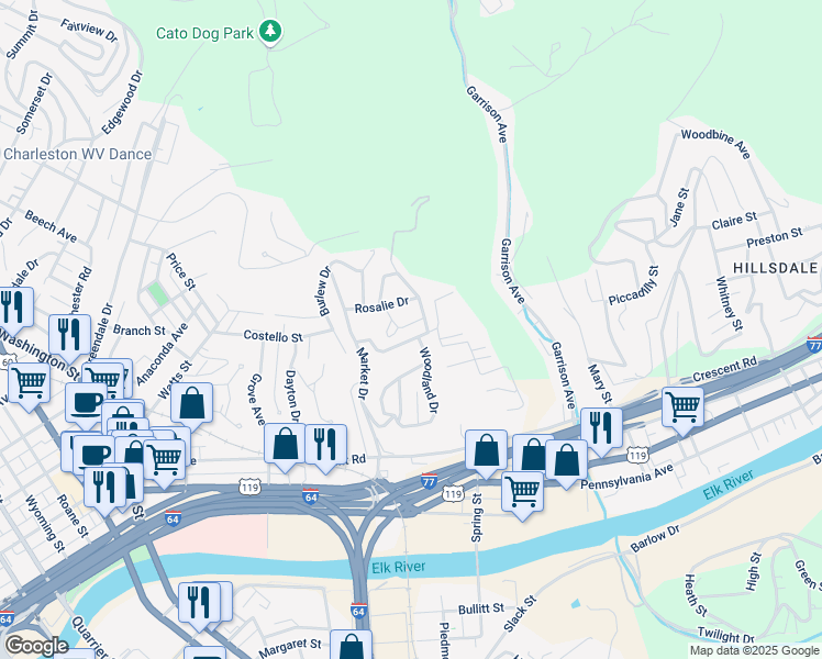 map of restaurants, bars, coffee shops, grocery stores, and more near 1226 Warren Street in Charleston