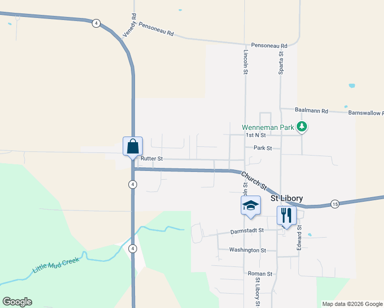 map of restaurants, bars, coffee shops, grocery stores, and more near 705 Rutter Street in Saint Libory