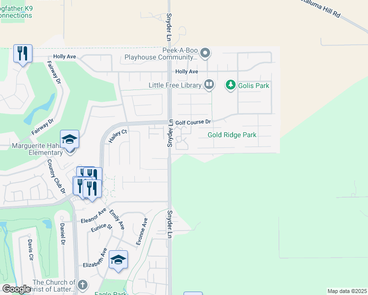map of restaurants, bars, coffee shops, grocery stores, and more near 1430 Gold Way in Rohnert Park