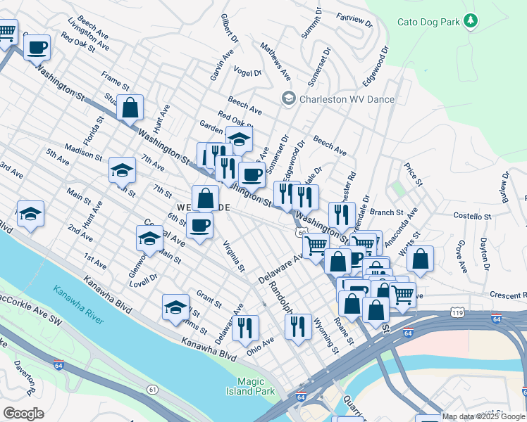 map of restaurants, bars, coffee shops, grocery stores, and more near 701 West Washington Street in Charleston