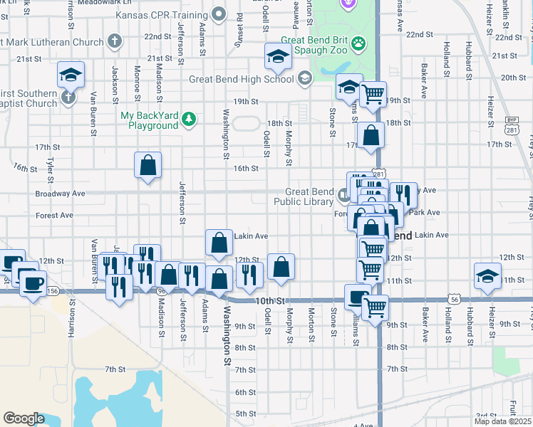 map of restaurants, bars, coffee shops, grocery stores, and more near 2500 Forest Avenue in Great Bend