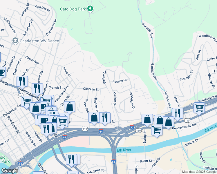 map of restaurants, bars, coffee shops, grocery stores, and more near 518 Burlew Drive in Charleston