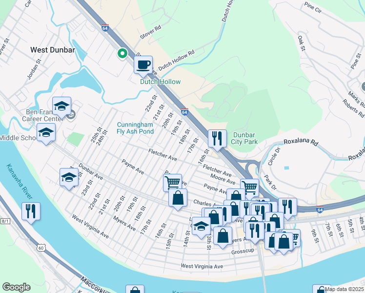 map of restaurants, bars, coffee shops, grocery stores, and more near 518 Alley in Dunbar