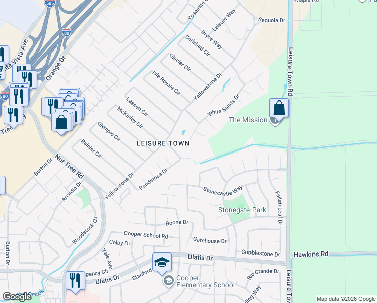 map of restaurants, bars, coffee shops, grocery stores, and more near 107 White Sands Drive in Vacaville
