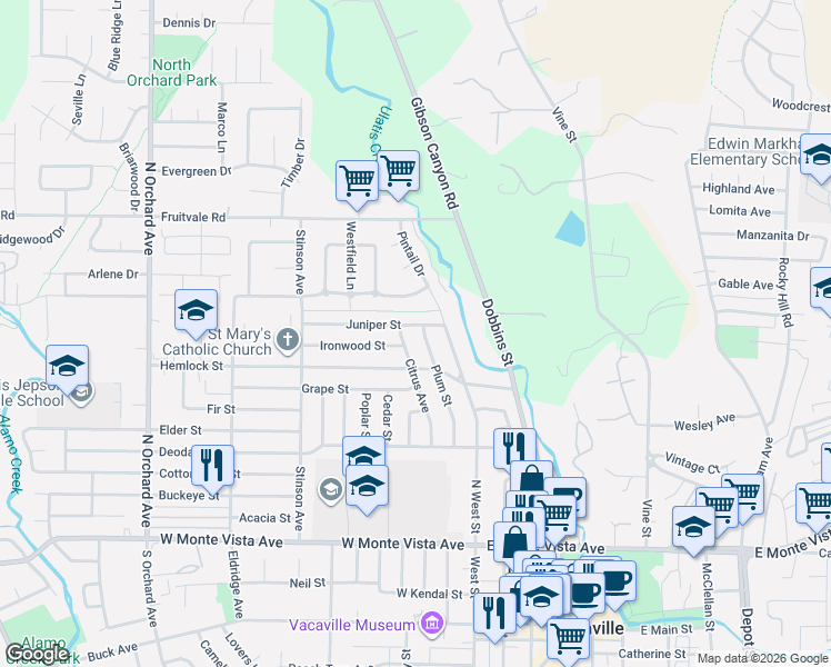map of restaurants, bars, coffee shops, grocery stores, and more near 175 Juniper Street in Vacaville