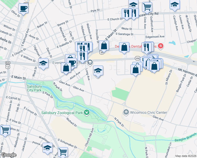 map of restaurants, bars, coffee shops, grocery stores, and more near 201 Long Avenue in Salisbury