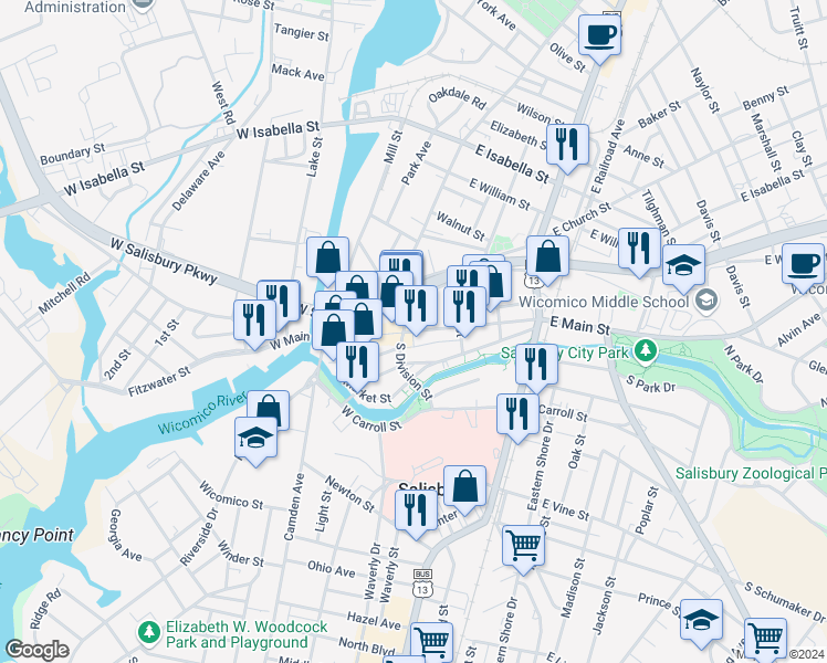 map of restaurants, bars, coffee shops, grocery stores, and more near 120 East Main Street in Salisbury