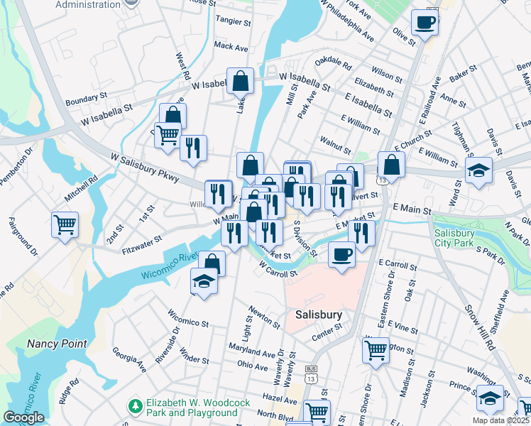 map of restaurants, bars, coffee shops, grocery stores, and more near 233 West Main Street in Salisbury
