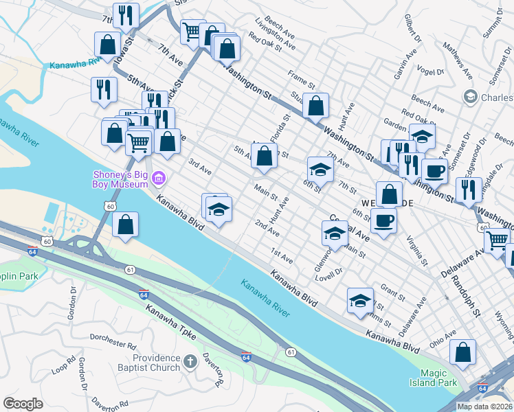 map of restaurants, bars, coffee shops, grocery stores, and more near 1309 Grant Street in Charleston