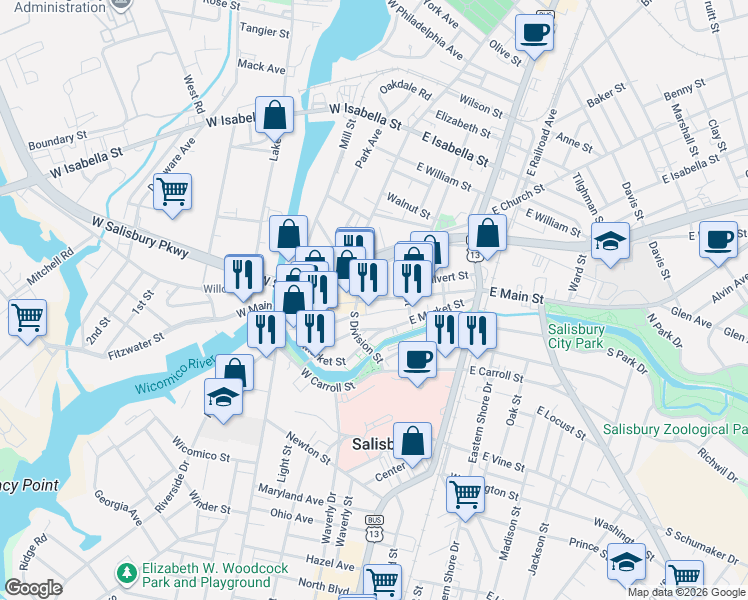 map of restaurants, bars, coffee shops, grocery stores, and more near 120 East Main Street in Salisbury