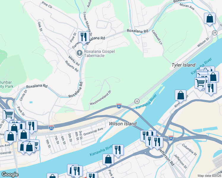 map of restaurants, bars, coffee shops, grocery stores, and more near 415 Westmoreland Drive in Dunbar