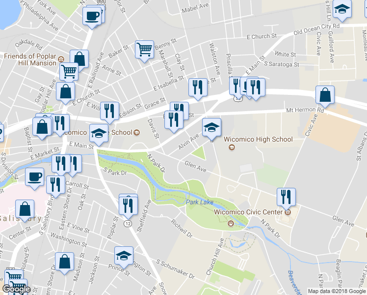 map of restaurants, bars, coffee shops, grocery stores, and more near 712 Alvin Ave in Salisbury