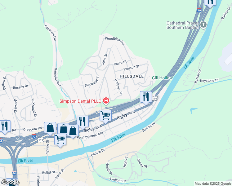 map of restaurants, bars, coffee shops, grocery stores, and more near 1831 1/2 Whitney Street in Charleston