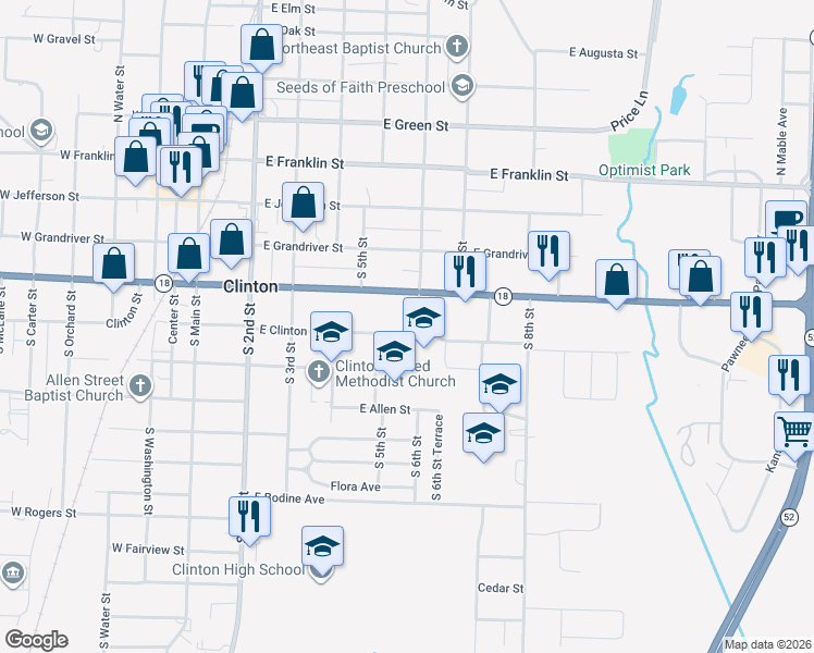 map of restaurants, bars, coffee shops, grocery stores, and more near 517 East Clinton Street in Clinton
