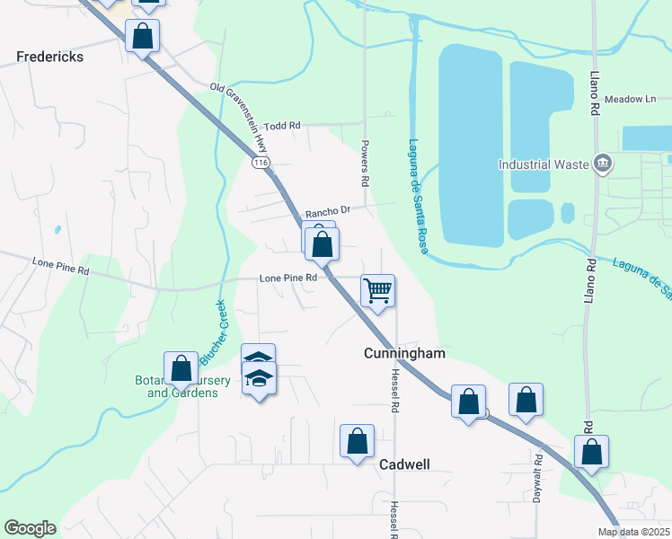 map of restaurants, bars, coffee shops, grocery stores, and more near 3595 Gravenstein Highway South in Sebastopol