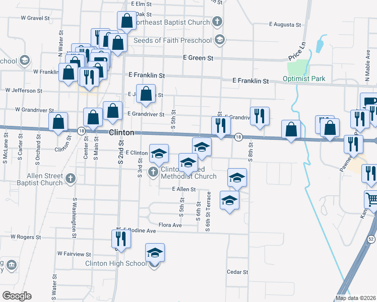 map of restaurants, bars, coffee shops, grocery stores, and more near 517 East Clinton Street in Clinton