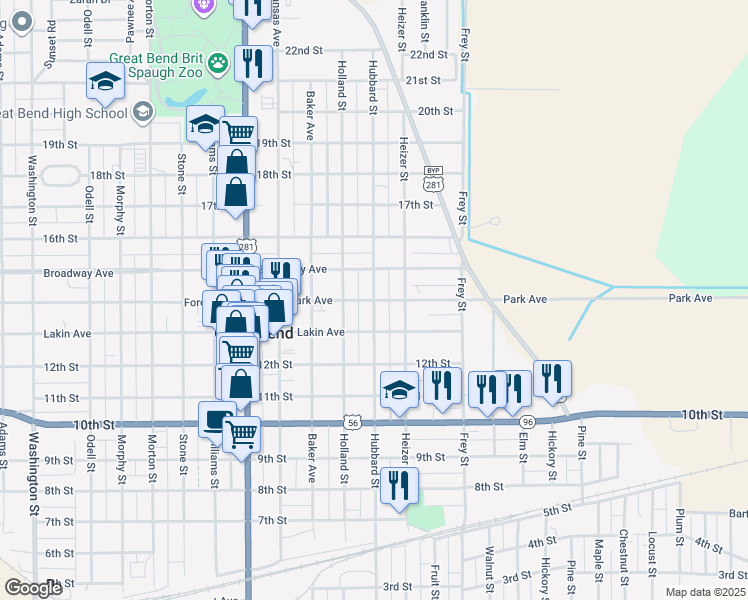 map of restaurants, bars, coffee shops, grocery stores, and more near 1601 Park Avenue in Great Bend