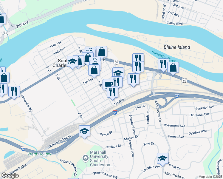 map of restaurants, bars, coffee shops, grocery stores, and more near 318 3rd Avenue in South Charleston