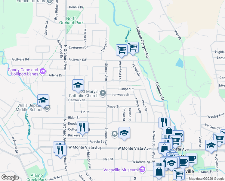 map of restaurants, bars, coffee shops, grocery stores, and more near 273 Juniper St in Vacaville