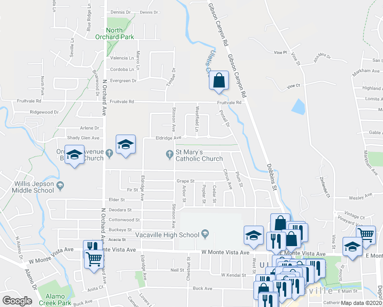 map of restaurants, bars, coffee shops, grocery stores, and more near 273 Juniper Street in Vacaville