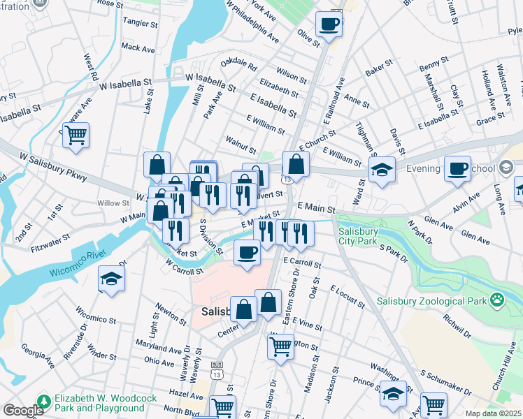 map of restaurants, bars, coffee shops, grocery stores, and more near 224 West Main Street in Salisbury