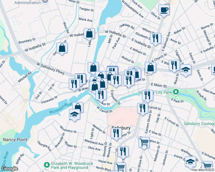 map of restaurants, bars, coffee shops, grocery stores, and more near 115 West Main Street in Salisbury