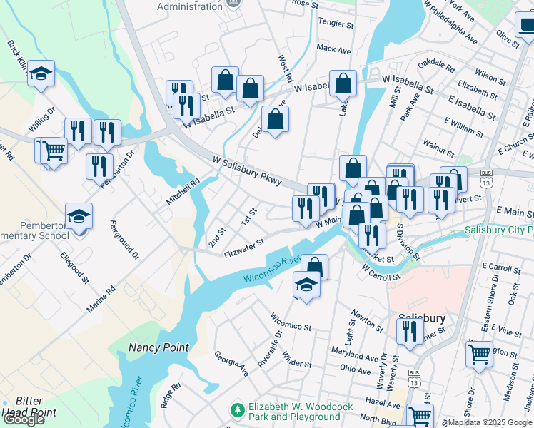 map of restaurants, bars, coffee shops, grocery stores, and more near 135 1st Street in Salisbury
